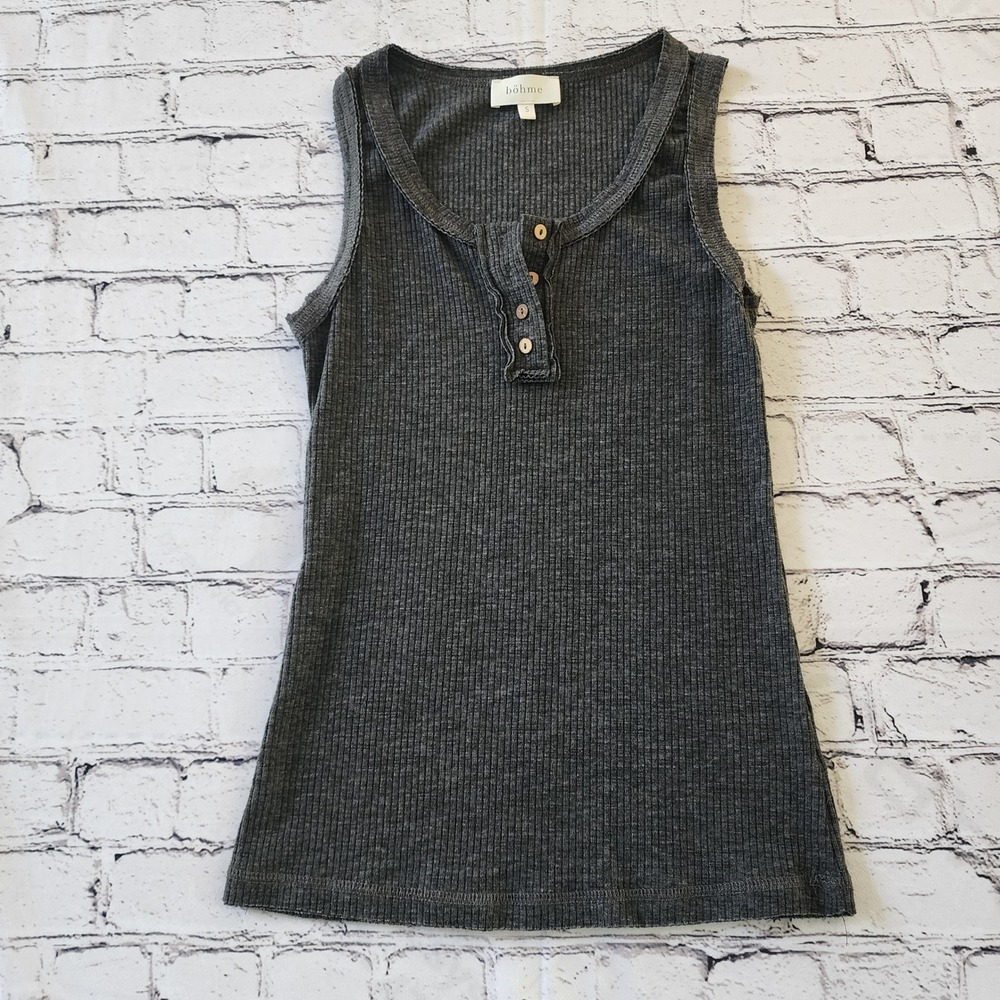 Bohme Womens Small Charcoal Gray Ribbed Henley Tank Top Sleeveless